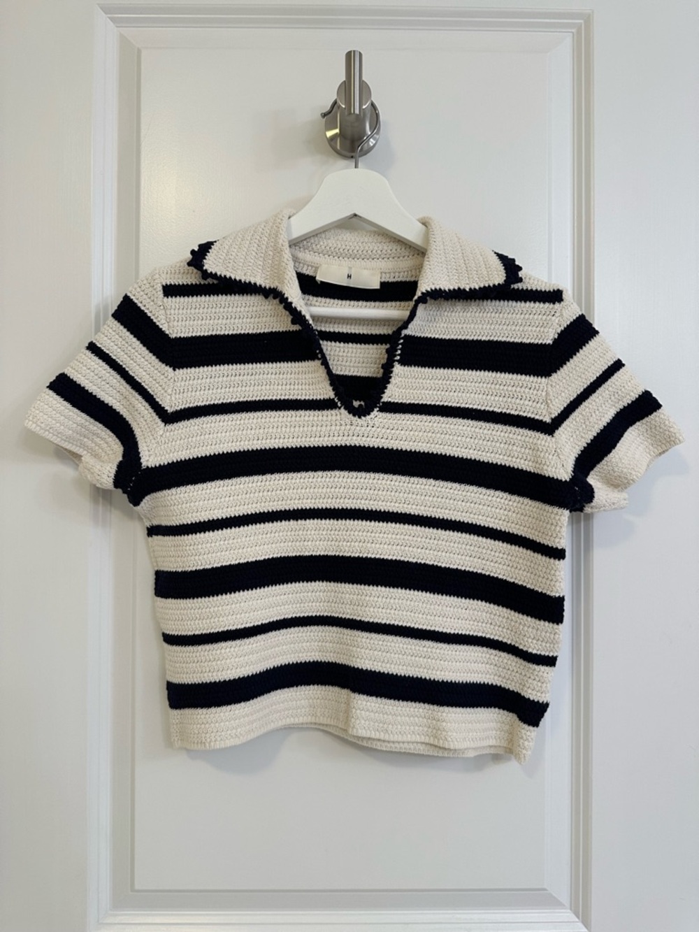 Striped Knit Polo Crop Top in Cream and Navy